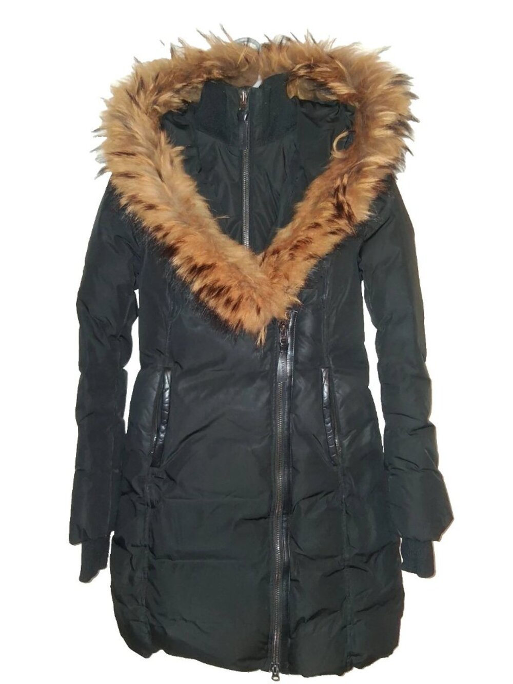 Mackage Kay Parka Womens XS Black 800 Down Asymmetrical Real Fur Leather Coat